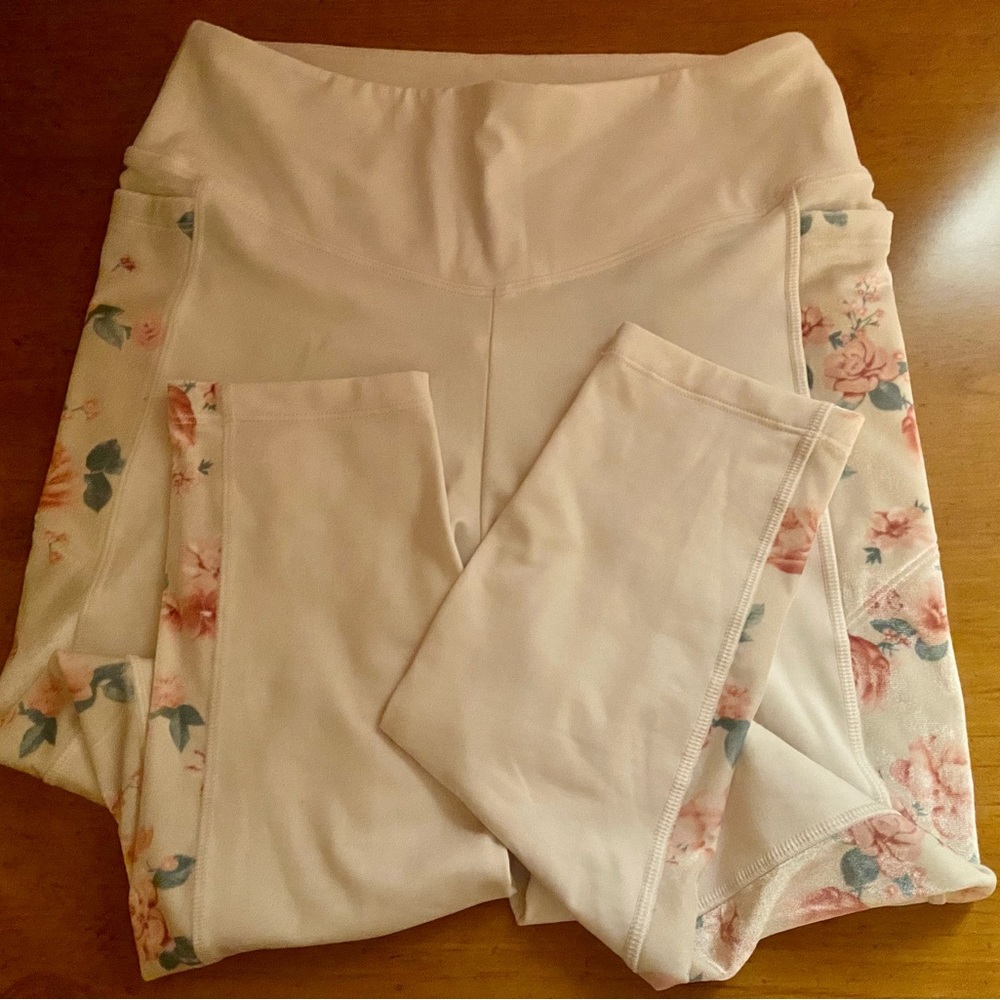 Pink White Leggings Fleece Floral Activewear M Cozy Victorias Secret